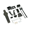 Components laid out that are included in the black metal fall popper target with base for forward or rear falling with a 28 inch uspsa mini popper steel target with included rubber fall bumper located on a white background.