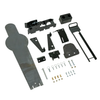 Components laid out that are included in the black metal fall popper target with base for forward or rear falling with a 42 inch uspsa popper steel target with included rubber fall bumper located on a white background.